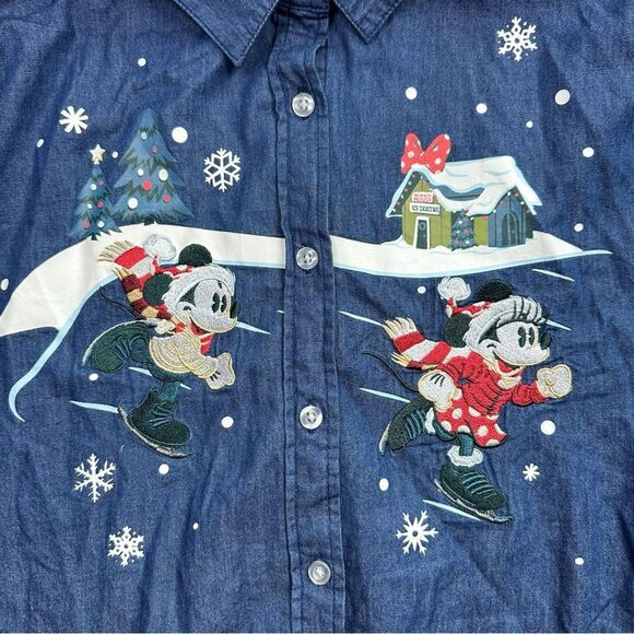 Disney Parks Christmas Denim Jean Button Down L - Picture 4 of 5